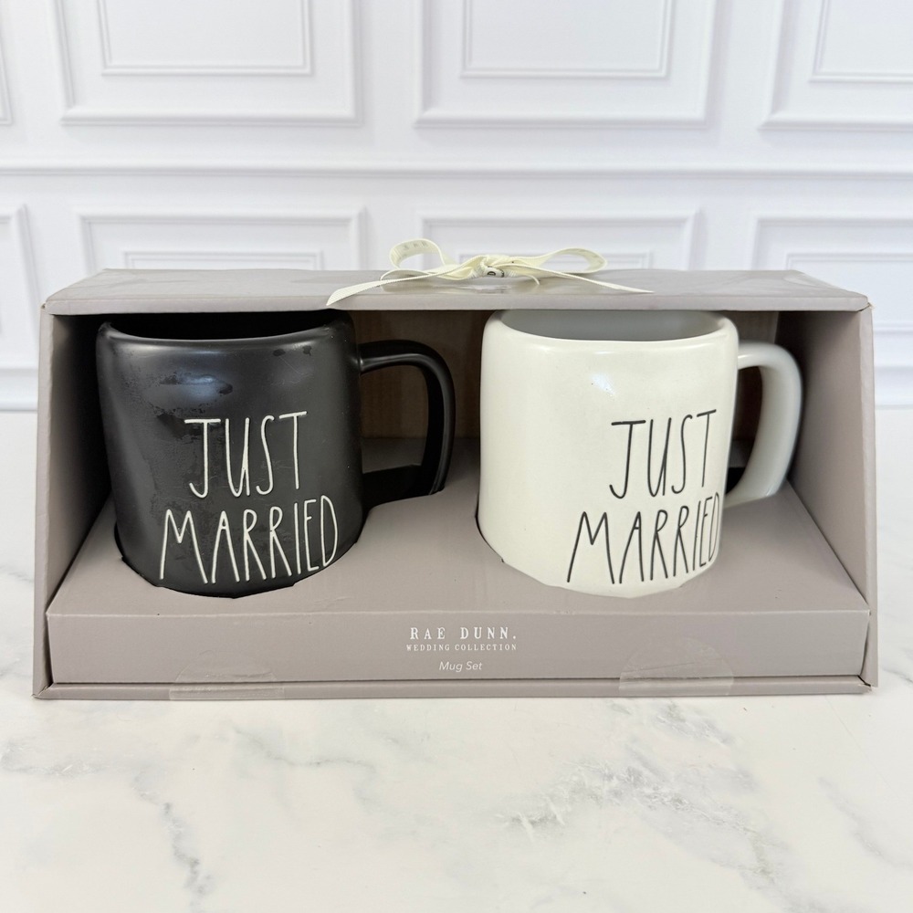 NIB Rae Dunn "Just Married" Wedding Black White Large Letters Mug Set